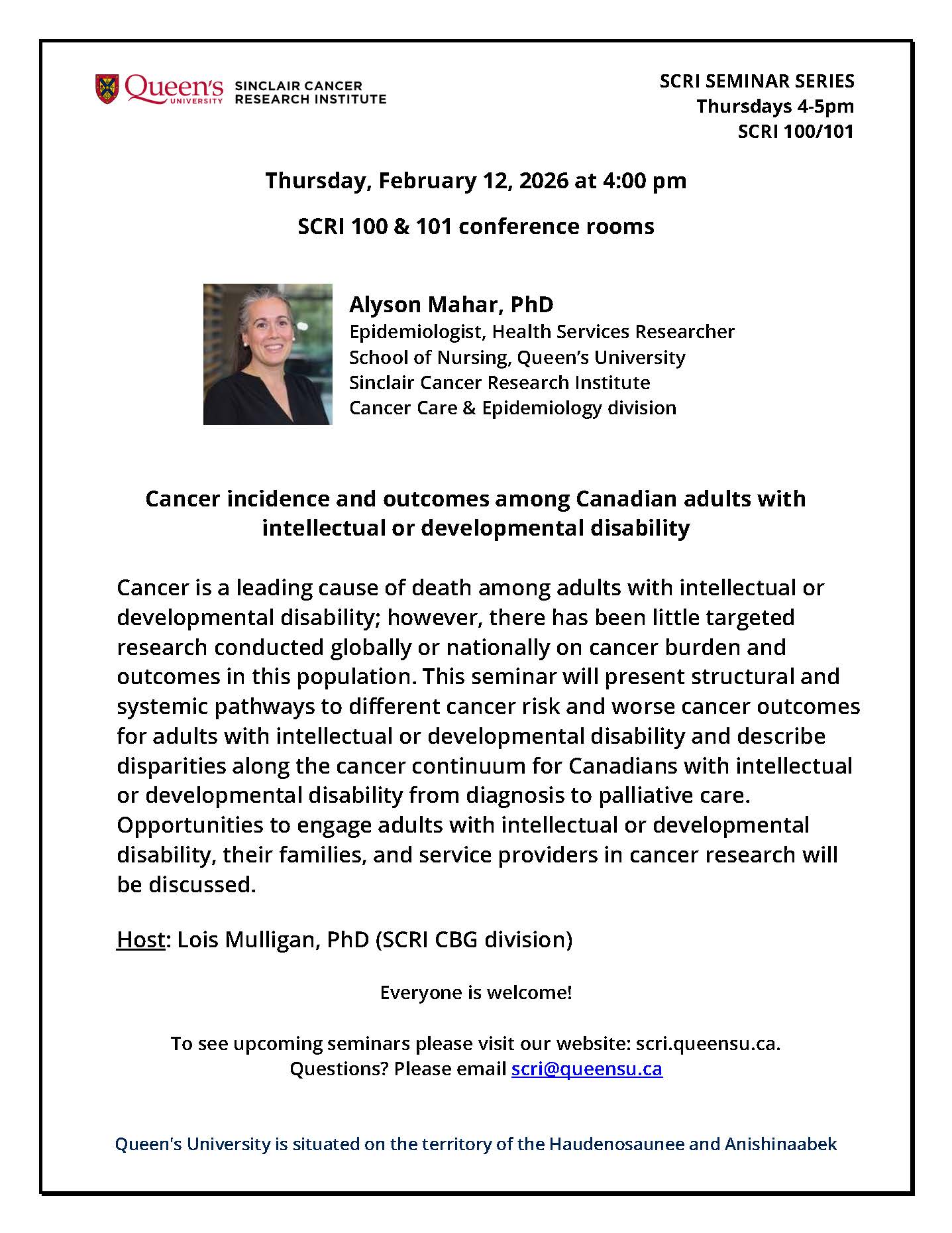 SCRI Seminar - Dr. Alyson Mahar